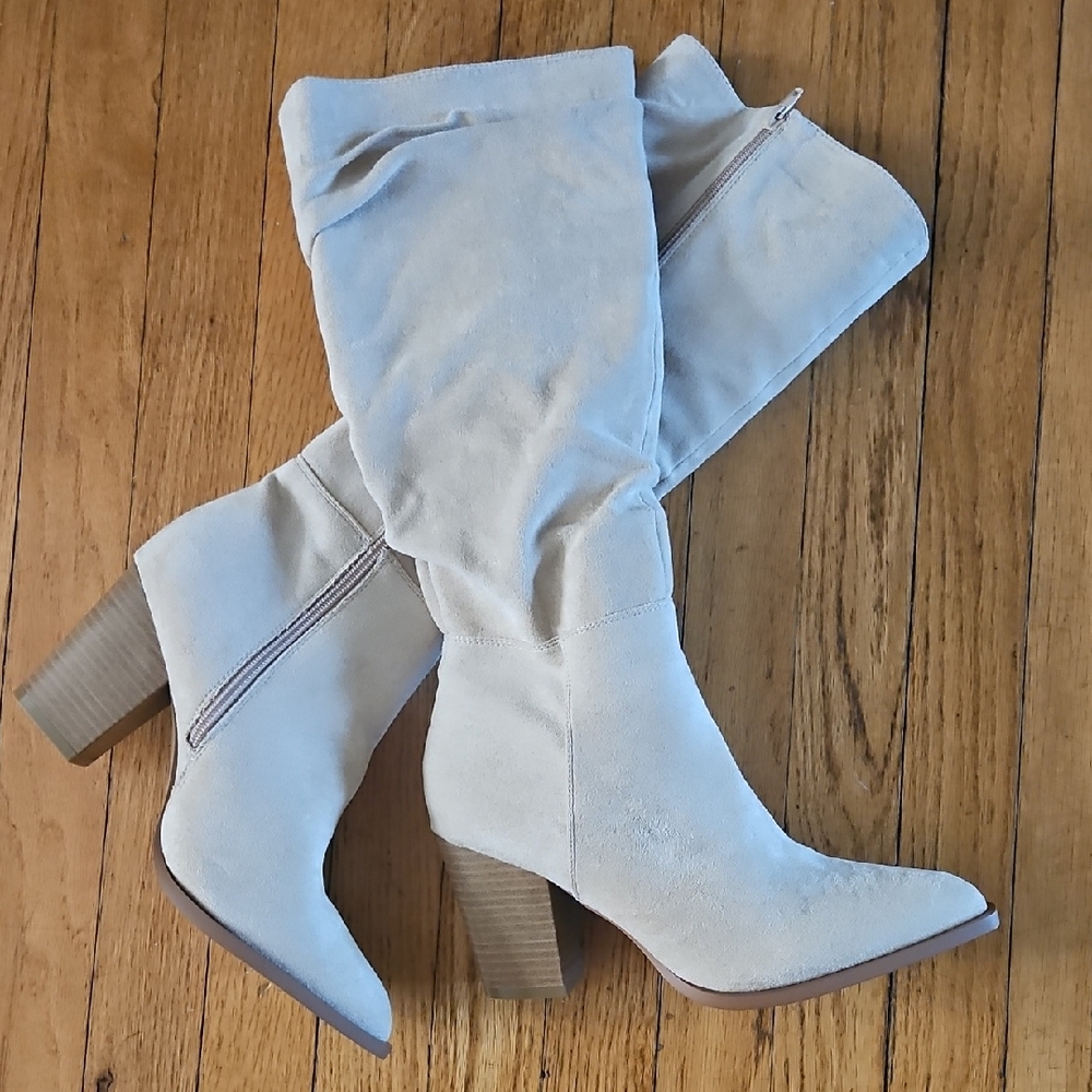 Chic Cream Faux Suede Women's Knee-High Heeled Boots - Like New, Never Worn!